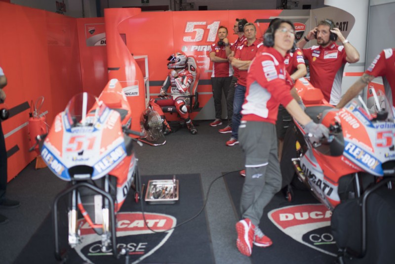 ITALY - JUNE 01:  Davide Tardozzi of Italy and Ducati Team speaks with journalists after Michele Pirro of Italy crashed out during the MotoGp of Italy - Free Practice at Mugello Circuit on June 1
