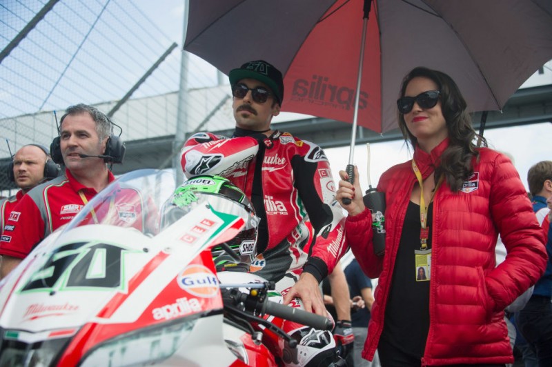 ITALY - MAY 12:  Eugene Laverty of Ireland and Milwaukee Aprilia prepares to start on the grid during the WorldSBK Race 1 during the 2018 Superbikes Italian Round  on May 12