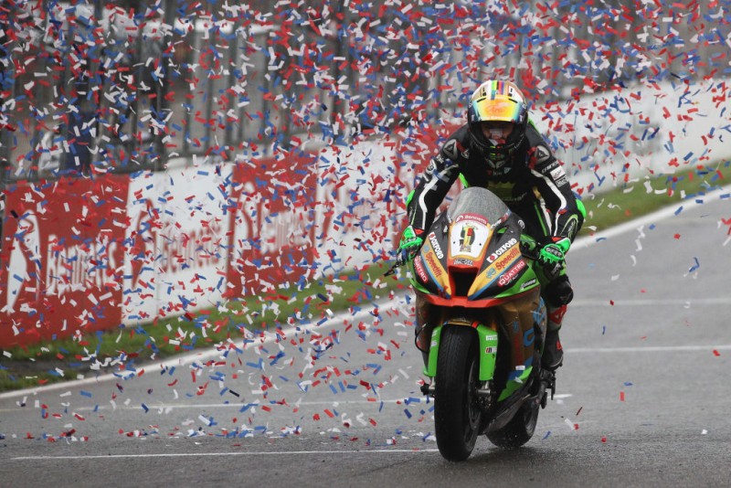 ENGLAND - OCTOBER 14:  Leon Haslam of Great Britain and JG Speedfit Kawasaki team celebrates after becoming the 2018 British Superbike Champion at Brands Hatch on October 14