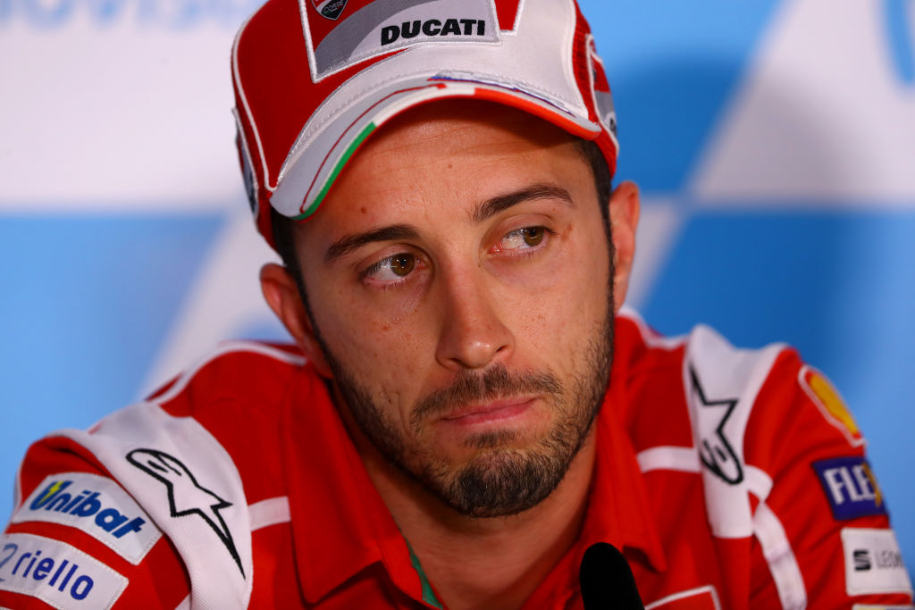 ALCANIZ, SPAIN - SEPTEMBER 21: Andrea Dovizioso of Italy and the Ducati Team looks on during a press conference during previews for the MotoGP of Aragon at Motorland Aragon Circuit on September 21, 2017 in Alcaniz, Spain. (Photo by Dan Istitene/Getty Images)