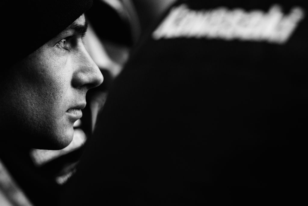 LONGFIELD, UNITED KINGDOM - APRIL 13: (EDITORS NOTE: THIS IMAGE WAS CONVERTED INTO BLACK AND WHITE FROM ORIGINAL COLOUR FILE) Leon Haslam of the JG Speedfit Kawasaki Team seen in his garage during practice for round two of the British Superbike Championship at Brands Hatch on April 13th, 2018 in Longfield, England. (Photo by Ker Robertson/Getty Images)