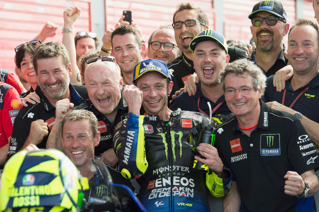 RIO HONDO, ARGENTINA - MARCH 31: Valentino Rossi of Italy and Yamaha Factory Racing celebrates with team the second place under the podium at the end of the MotoGP race during the MotoGp of Argentina - Race on March 31, 2019 in Rio Hondo, Argentina. (Photo by Mirco Lazzari gp/Getty Images)