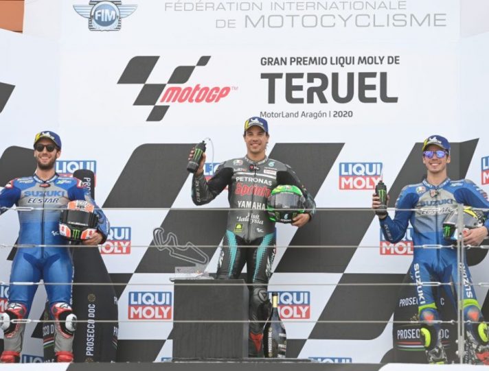 MotoGP, dialoghi “segreti” tra Morbidelli-Rins-Mir prima e dopo il podio MotoGP, il podio del GP di Teruel 2020